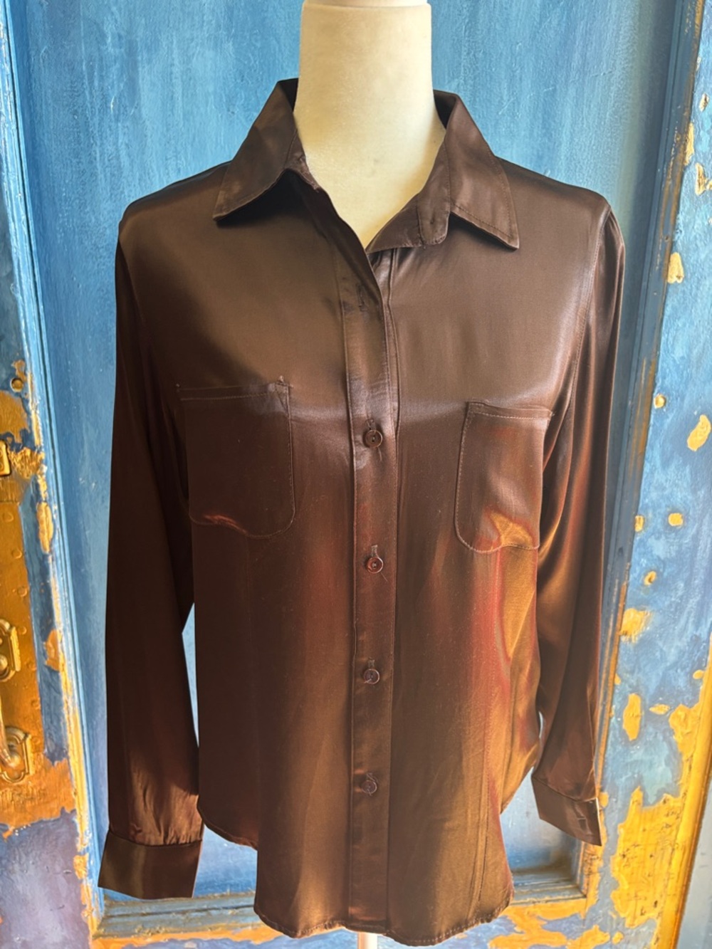 Silky Chocolate Brown Button-Up Blouse